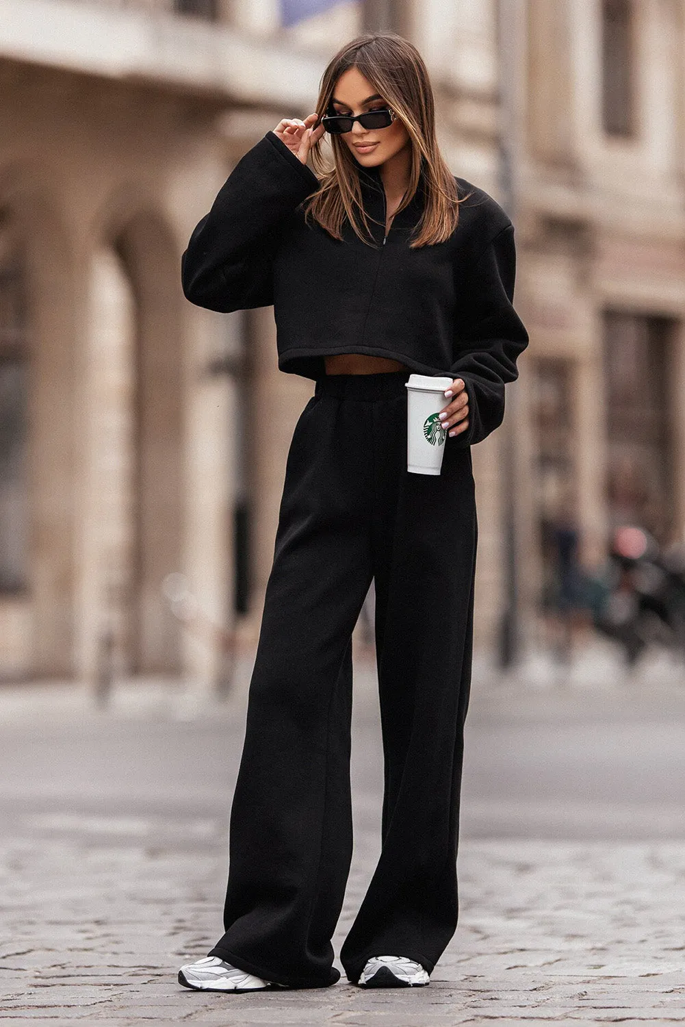 Black Zipped Collared Crop Pullover and Wide Leg Pants Set