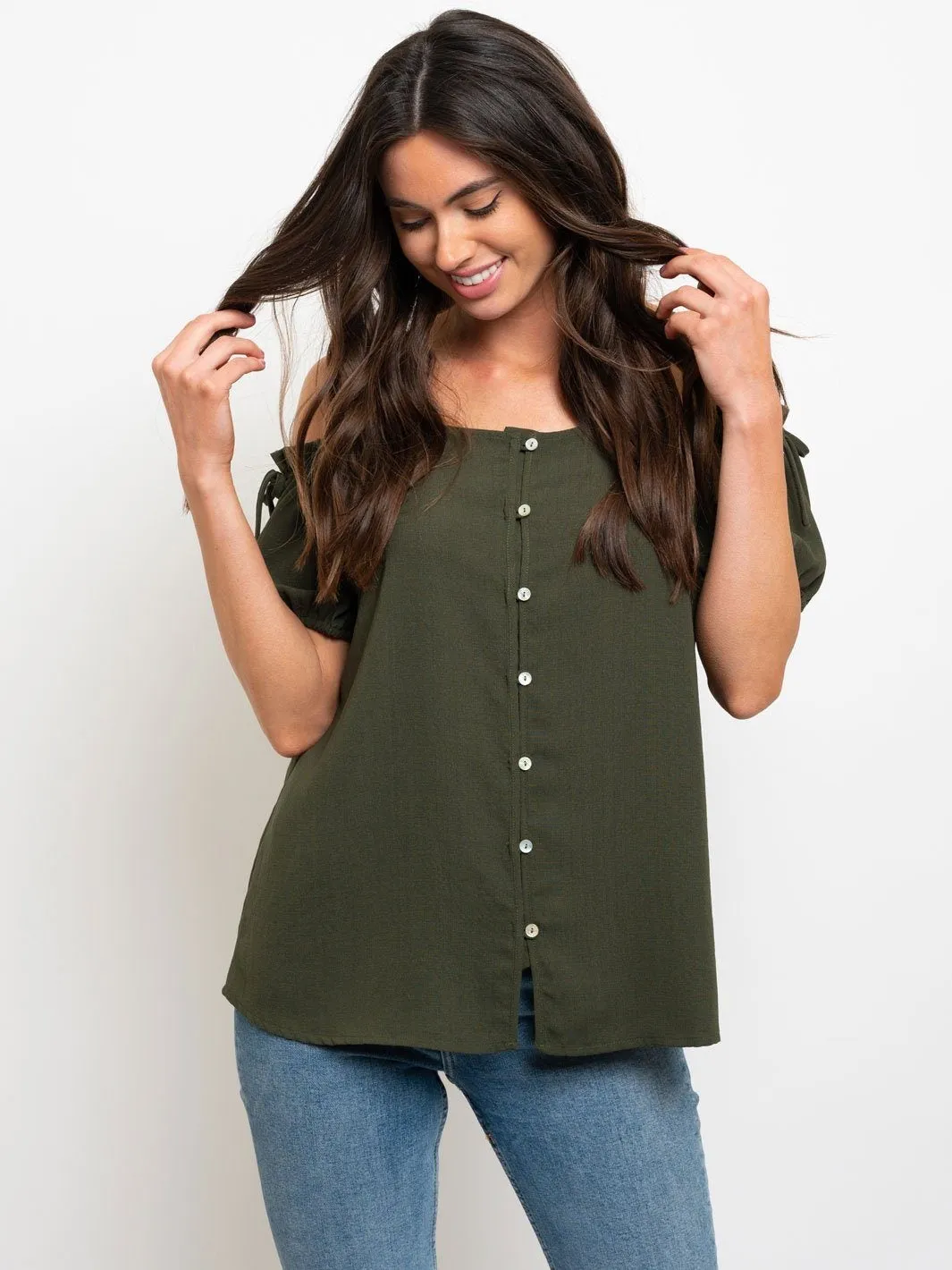 WOMEN'S COLD SHOULDER BUTTON UP TOP
